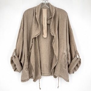 Sanctamuerte Linen Open Front Jacket Taupe Raw Edge Roll Tab Cinch Waist XS/S